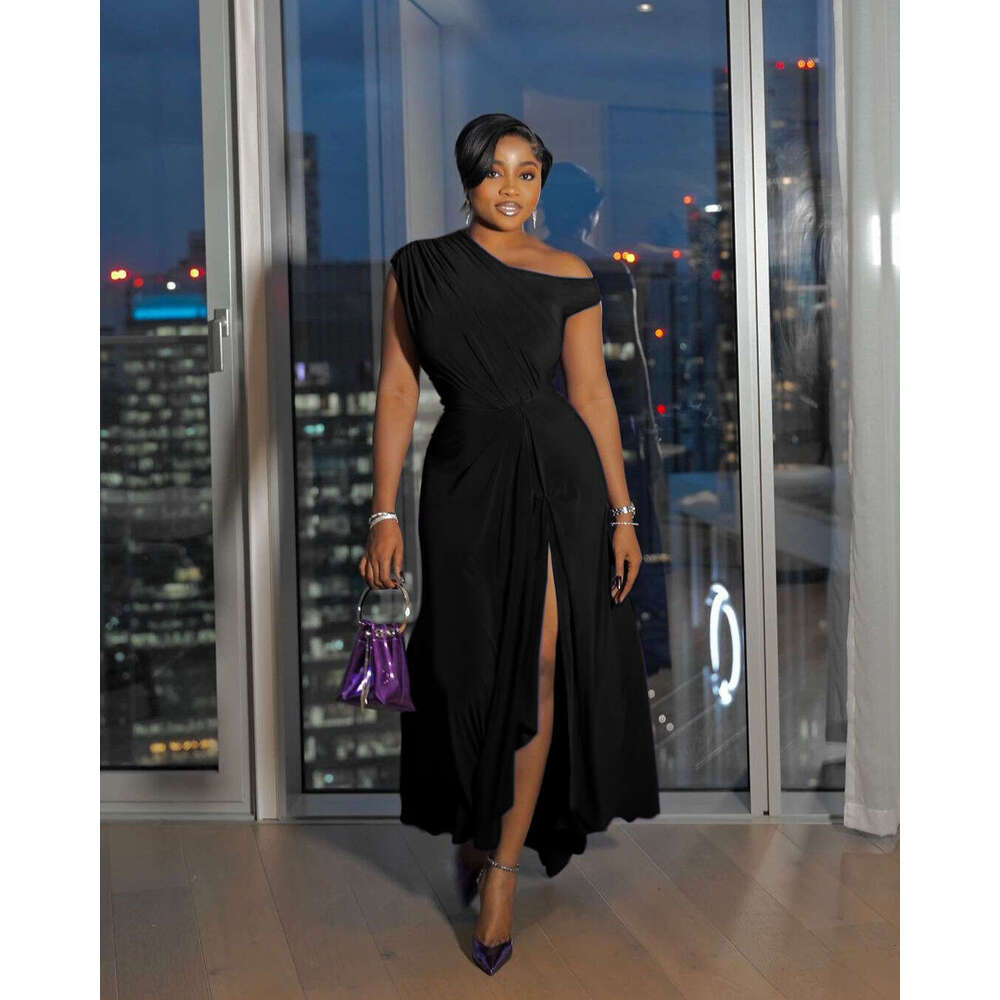 Women's New Solid Color Off-Shoulder Waist-Cinching Black Dress Summer B5