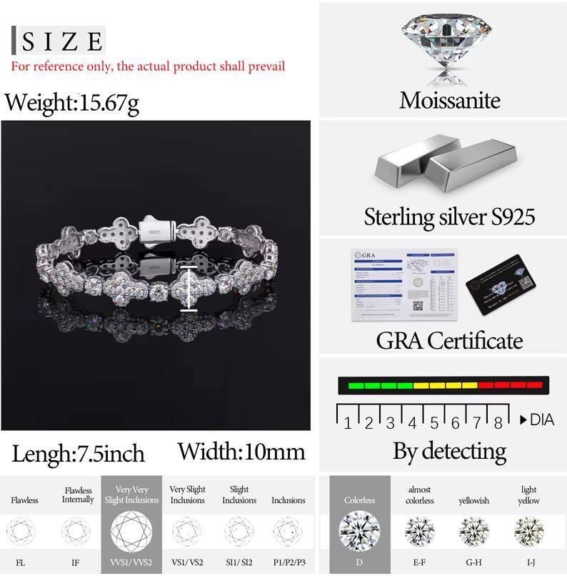 New Arrival Hip Hop Jewelry White Gold 10mm 925 Sterling Silver Vvs Moissanite Diamond Iced Out Cross Link Bracelet
