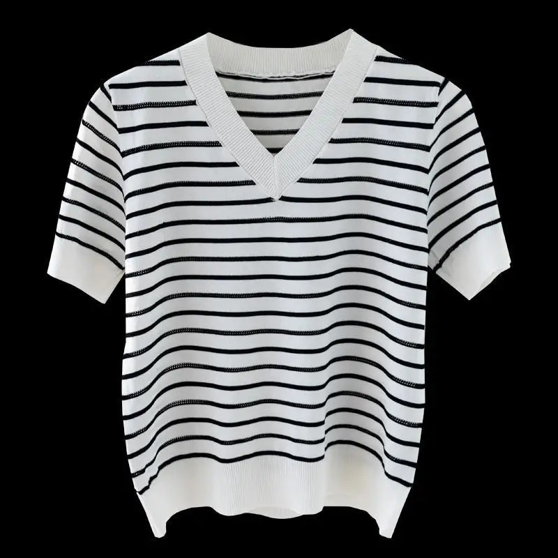 Stripe Versatile Pullover Female Knitted TShirt Summer Short Sleeve VNeck Tees Korean Clothing Fashion Women Casual Tops 2023 250724