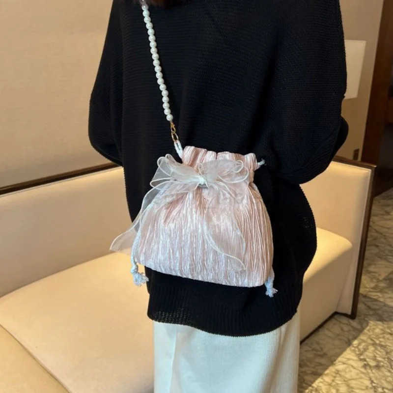 Cotton Canvas Crossbody Bag with Faux Pearl Chain - Versatile Stylish Bucket Shoulder Purse for Women M250730