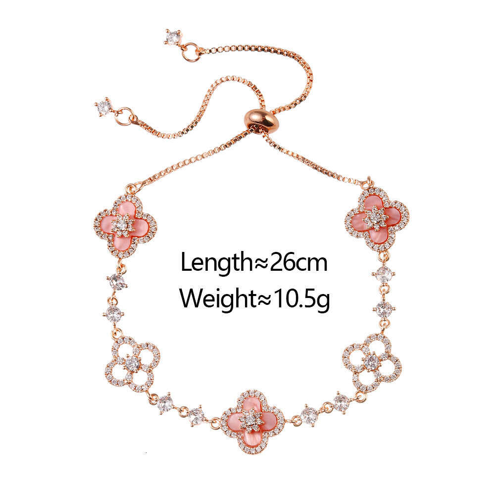 Sier Lucky Red Four-Leaf Flower INS Style Copper Gold-Plated Pull Necklace Bracelet Set
