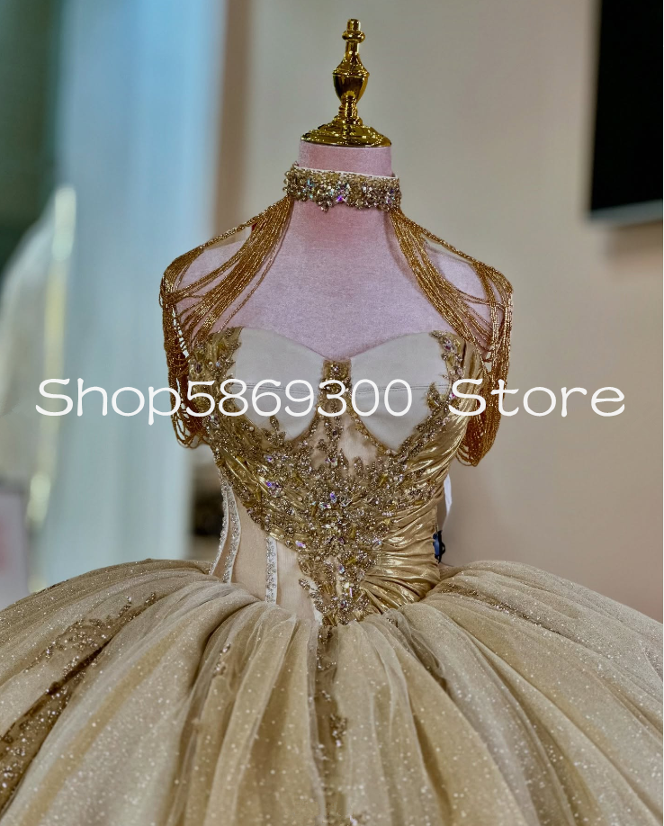 Gold Champagne Sparkly Princess Quinceanera Dresses Crystal Gillter Lace-up Corset vestido de 15 anos quinceanera Customsized