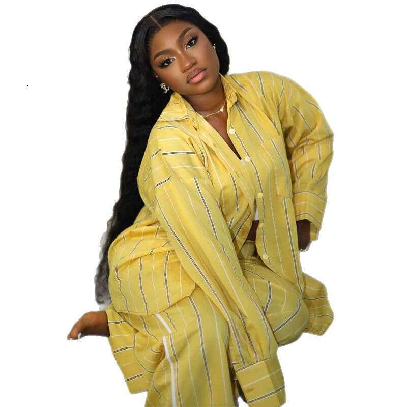 Plus Size Women's New Fashion Casual Loose Striped Shirt And Pants Two-Piece Set For Autumn B5