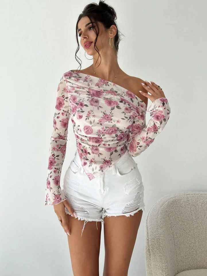 Spring and Autumn Womens Elegant Romantic Floral Print Long Sleeve Irregular Hem Tshirt 250729