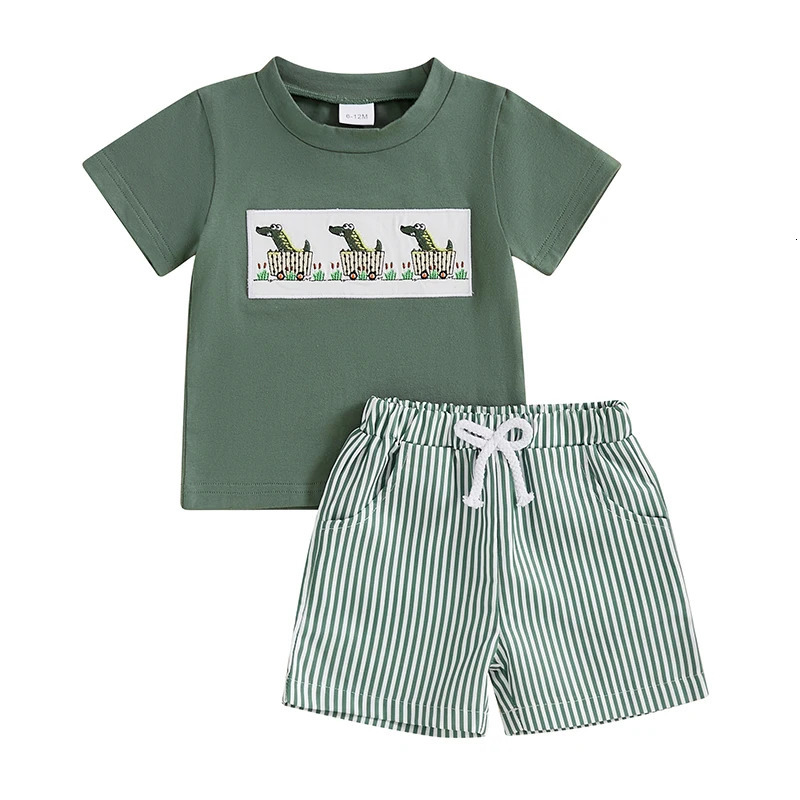 Toddler Baby Boy Summer Outfits Short Sleeve Embroidered T Shirt Tees Striped/Plaid Shorts Infant Clothes Set 250729