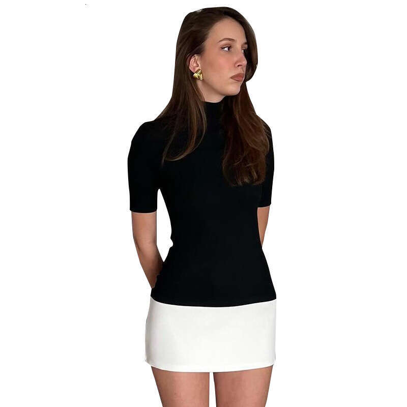 Yds301 Women's Summer New Color-Block Half High Neck Five-Sleeve Sexy Bodycon Patchwork Dress B5