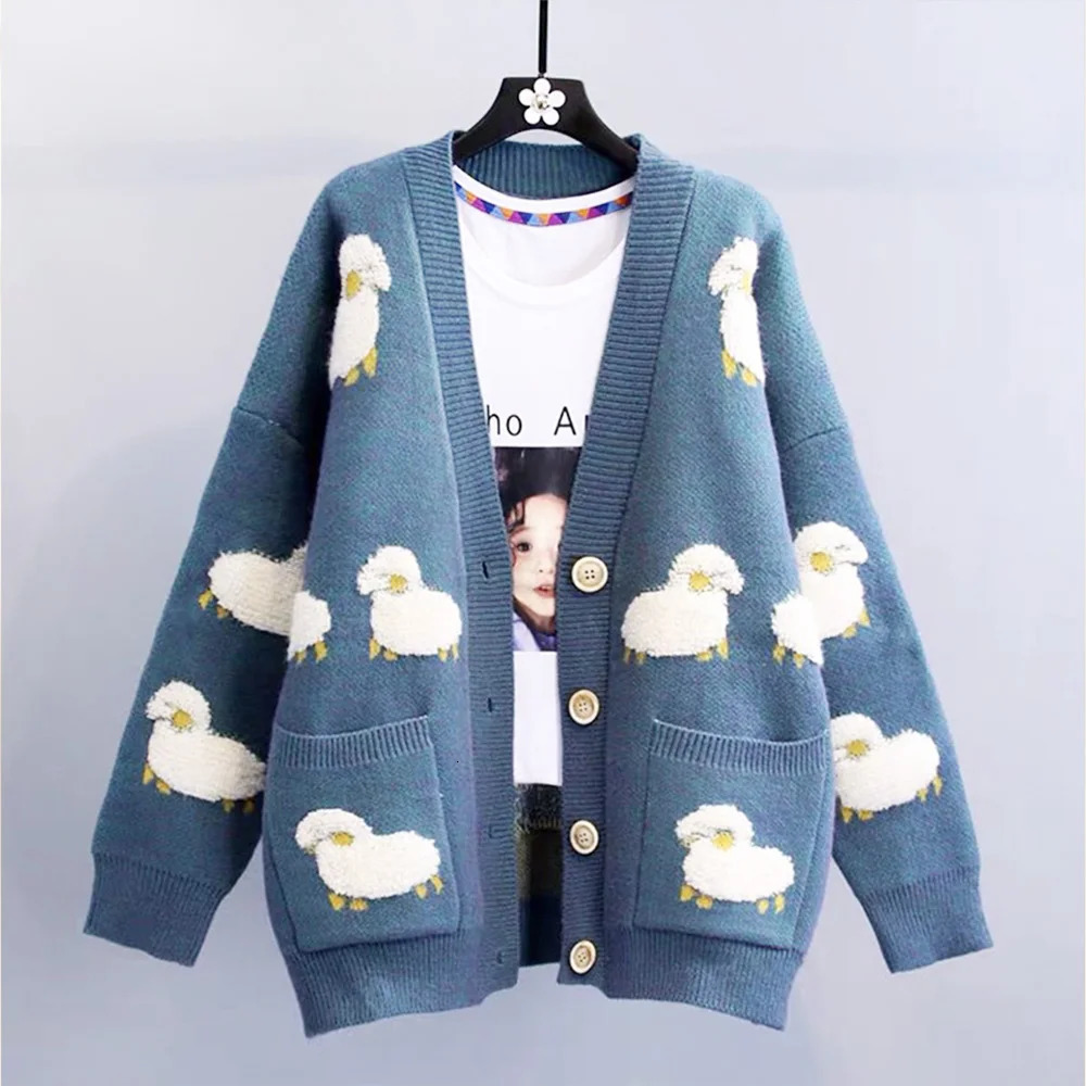 Blue Sheep Cartoon VNeck Long Sleeve Loose Knitted Sweater Womens Cardigan Thick For Women Clothing Fashion Winter 250730