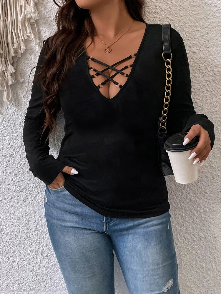 Plus Size Womens Cross Front Loop Detail TShirt Deep V Neck Onepiece Shirt Top Polyester Solid Colors 250729