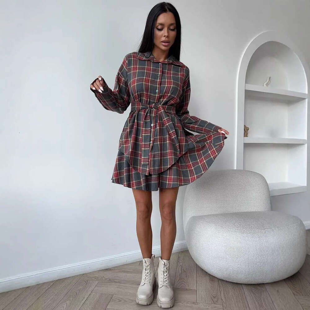 New Fashion Casual Plaid For Women, Turn-Down Collar Loose Shirt With Belted Waist And Half Skirt Two-Piece Set B5