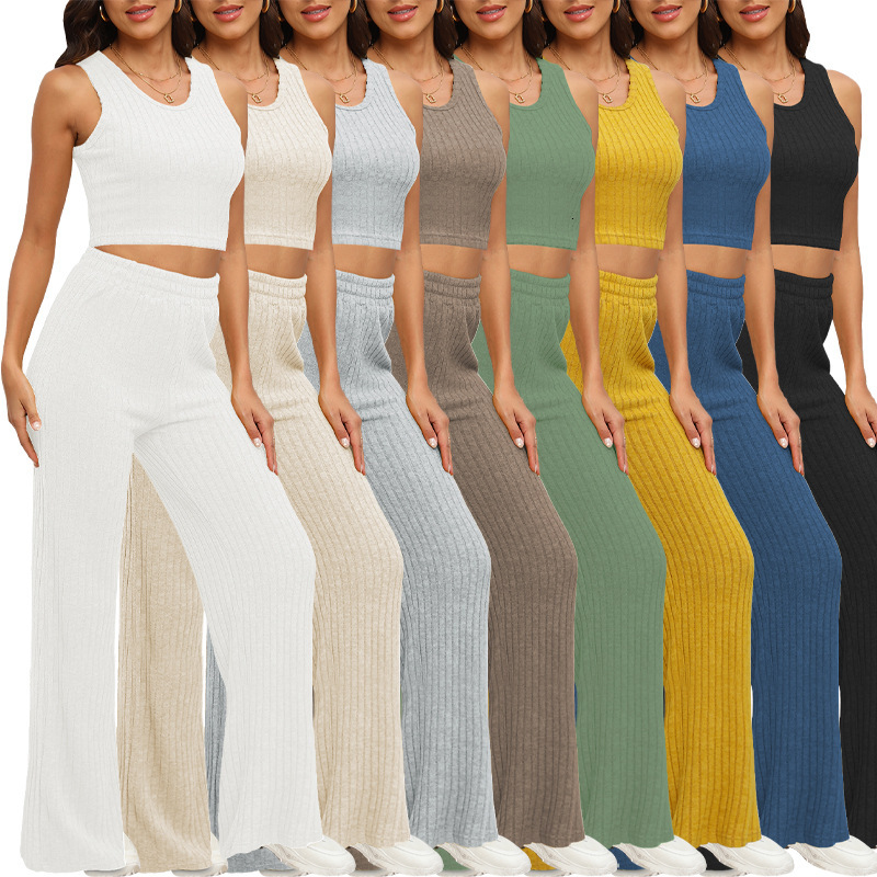 F1322 Four Seasons Womens Solid Color Ribbed Fleece Vest and Pants Set