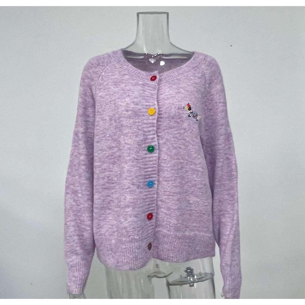 Round Neck Colorful Button Puppy Embroidery Long Sleeve Sweater Cardigan For Women Autumn Korean Style Versatile Top B5 h6