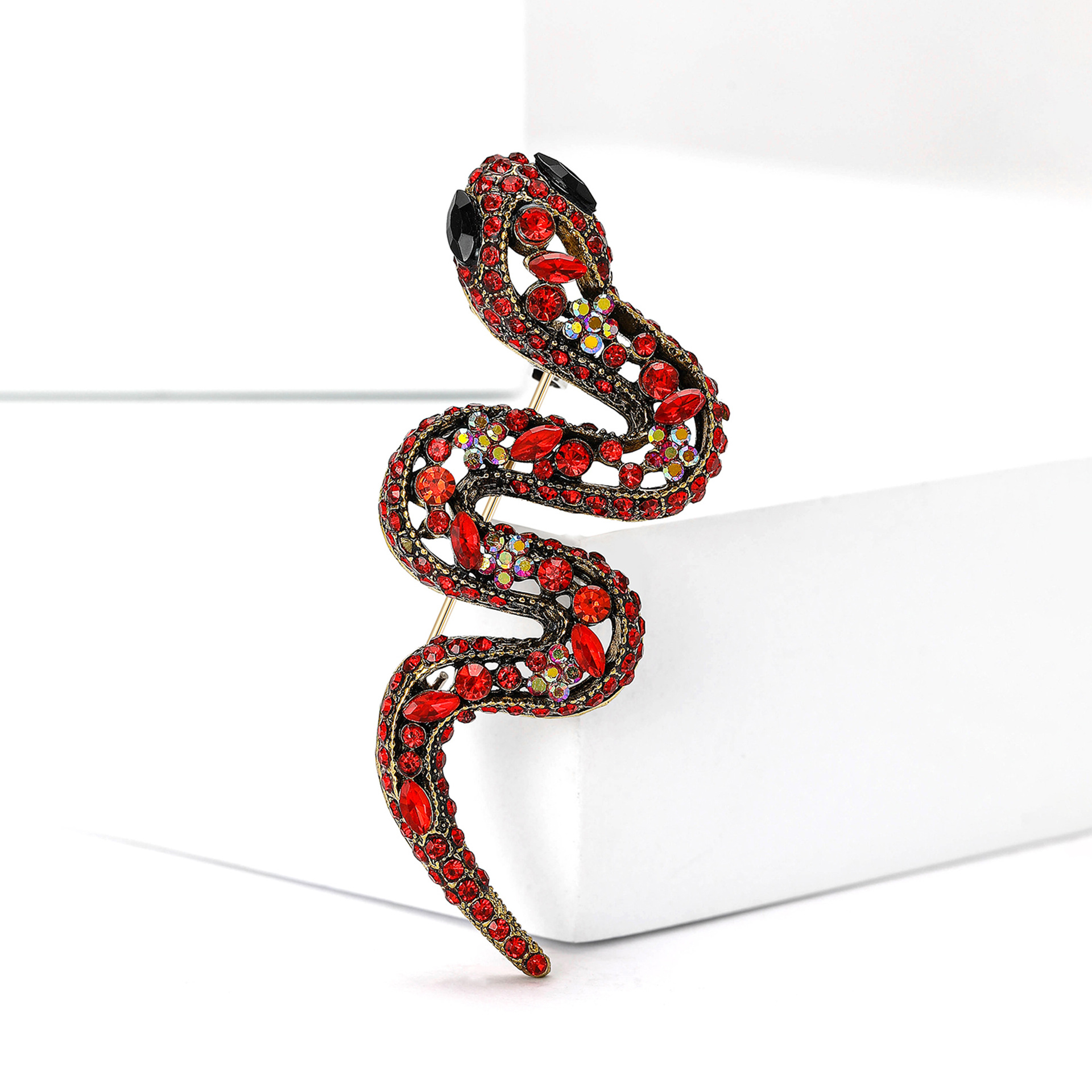 Gold Tone Red Rhinestone - Encrusted Snake Brooch With Colorful Accents Bold Party Jewelry And Gift For Her High Quality And Stylish Jewelry