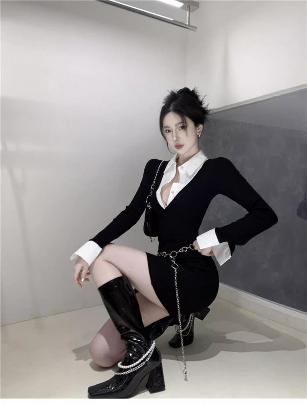 Pure Desire Style Sexy Fake Two Piece Shirts Long sleeved V-neck Dress Spring and Autumn Dress Spicy Girl Wrapped Hip Short Skir