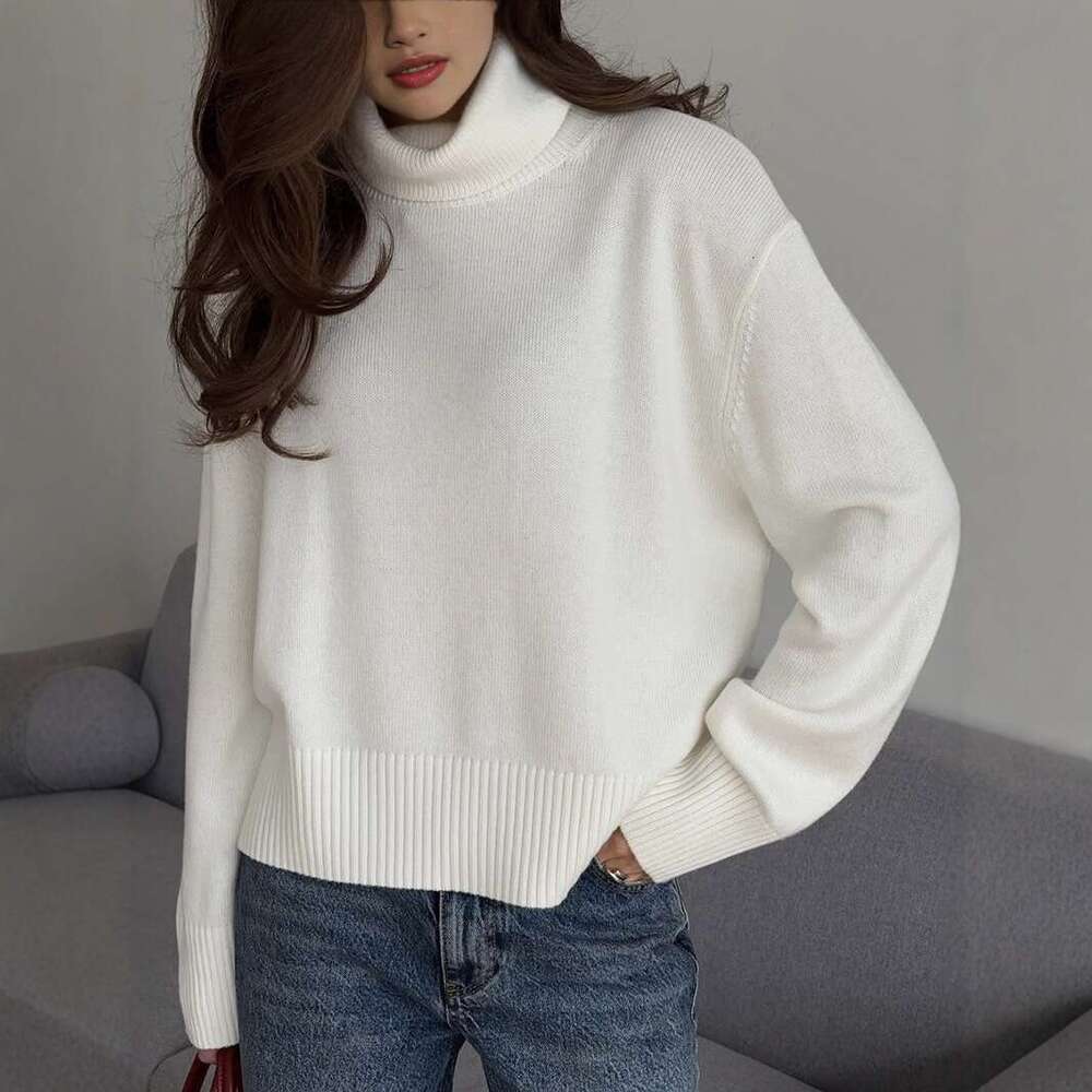 Autumn Winter Solid Color Short High Neck Sweater Women Loose Casual Knitted New Thick Versatile Top B5