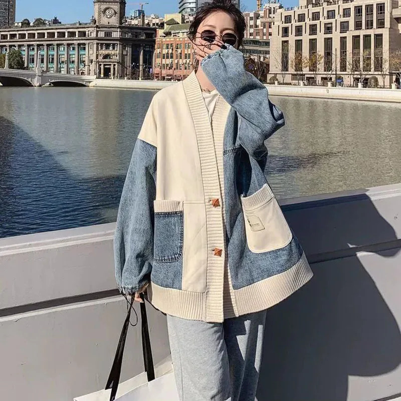 Oversized Womens Denim Coat Autumn n Sense Loose Baseball Jacket Top Fashion Female Sweater Patchwork Outerwear 4XL 250730