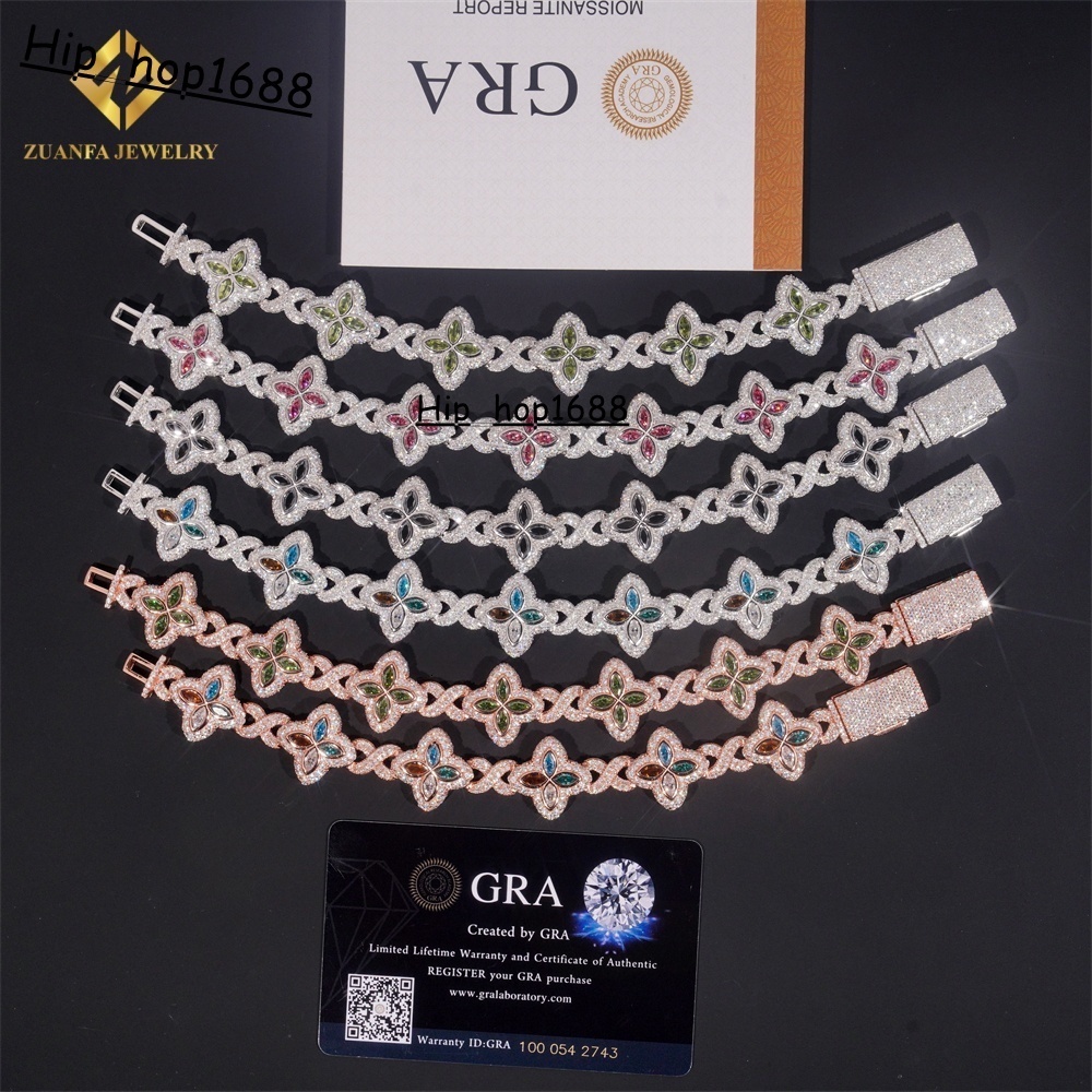 18mm High Quality Multi Color Marquise Diamond 925 Silver Jewelry Iced Out VVS Moissanite Lucky Four Leaf Clover Cuban Bracelet