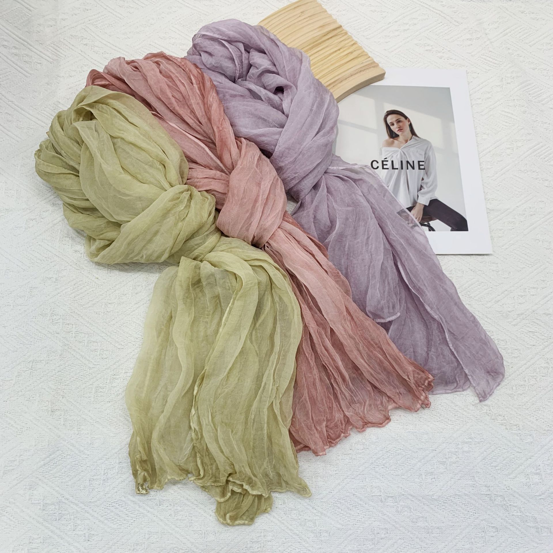 K1533 Korean retro tie-dye thin solid color long scarf women's summer sun protection medium-length scarf Japanese and Korean literary beach shawl