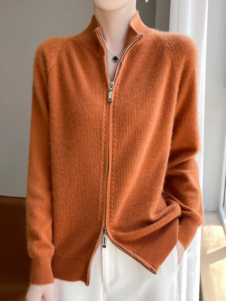 100% Pure Wool Zipper Cardigan Womens SemiTurtleneck Knit Coat Fashion Loose Double Sweater Autumn Winter Female Jacket 250730