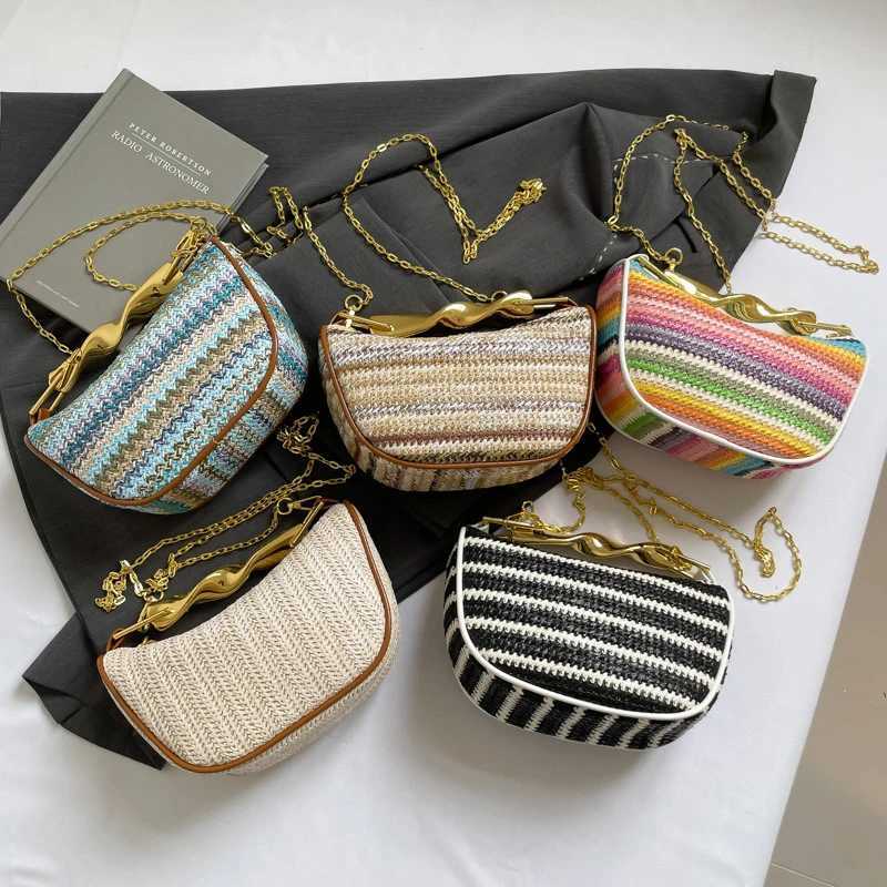 Rainbow Summer Straw Woven Crossbody Shoulder BagDesigner Beach Straw Tote BagWomen Clutch PurseCasual Metal Handle Handbag Y250729