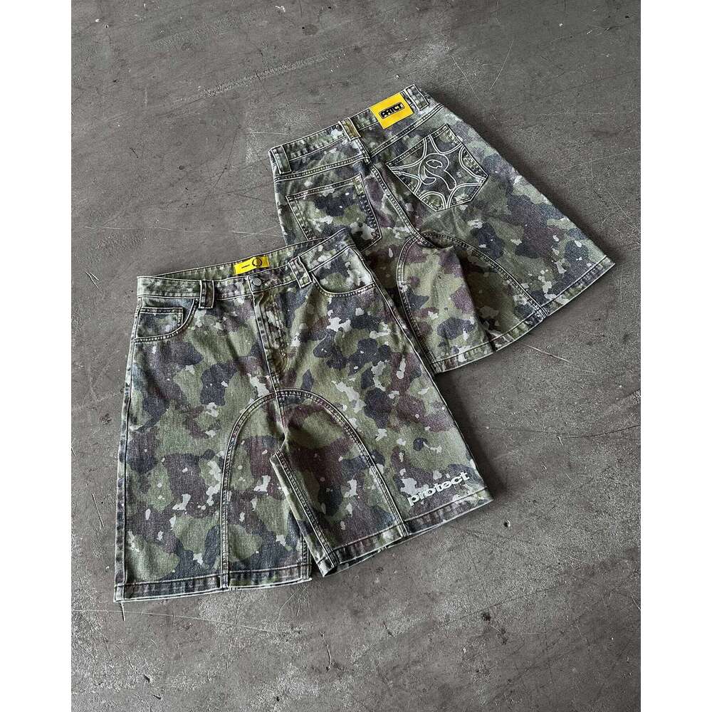 Leaves Camouflage Denim Y2k Jeans Men Hip Hop Lettering Embroidery Retro Baggy Shorts Low Waist Over The Knee Pants