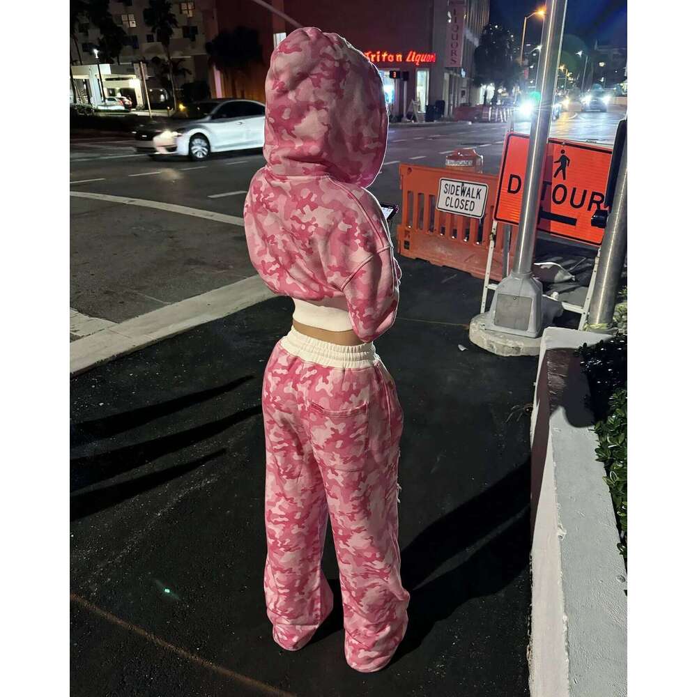 Y2k Pink Camouflage Sportswear Two Piece Set Women Hip-Hop Rock Waist Exposed Slim Zipper Hoodie New Punk Casual Sports Pants