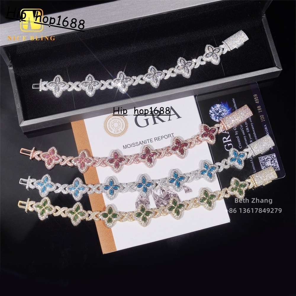 New Arrival Colorful Natural Gemstones Cuban Link Bracelet Fashion Hip Hop Jewelry Silver Marquise Moissanite Cuban Bracelet