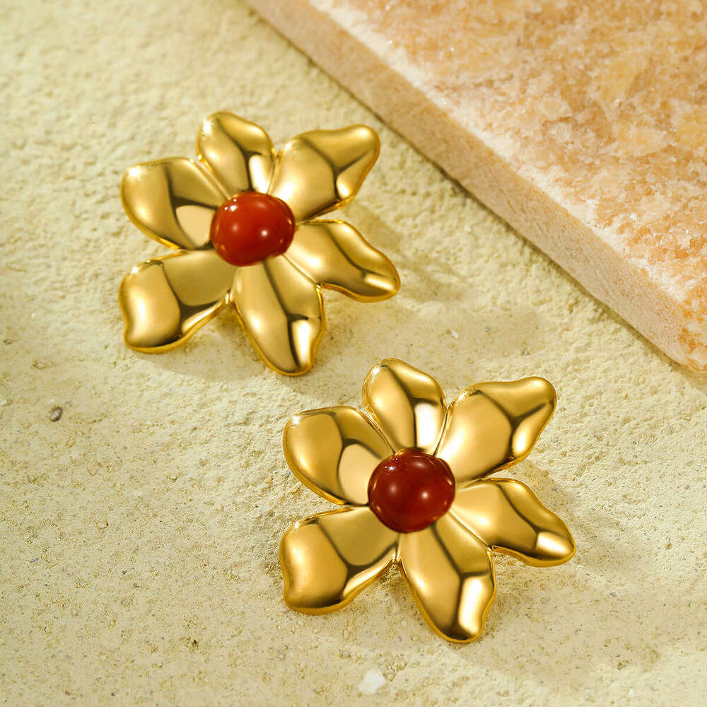 Hot-Selling Style Hexagonal Lace Titanium Steel Earrings with Cat's Eye Stone Niche Exquisite Exaggerated Ear Jewelry