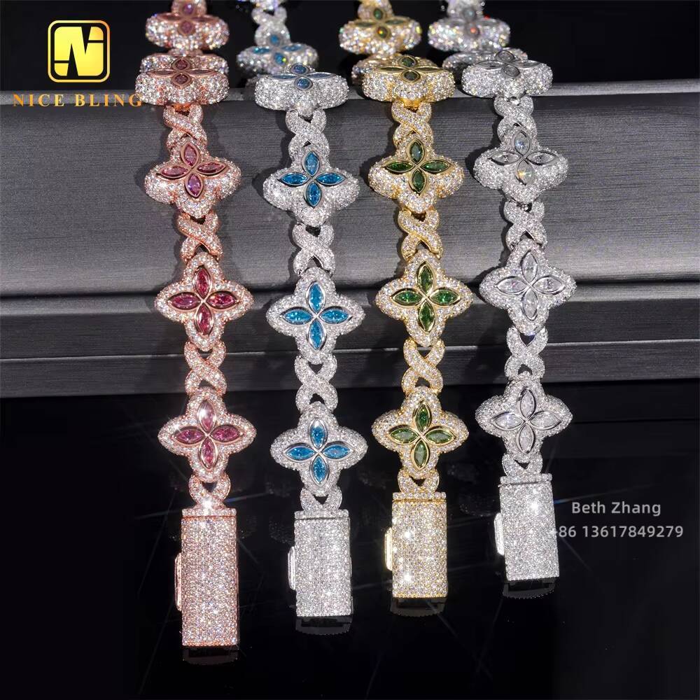 New Arrival Colorful Natural Gemstones Cuban Link Bracelet Fashion Hip Hop Jewelry Silver Marquise Moissanite Cuban Bracelet