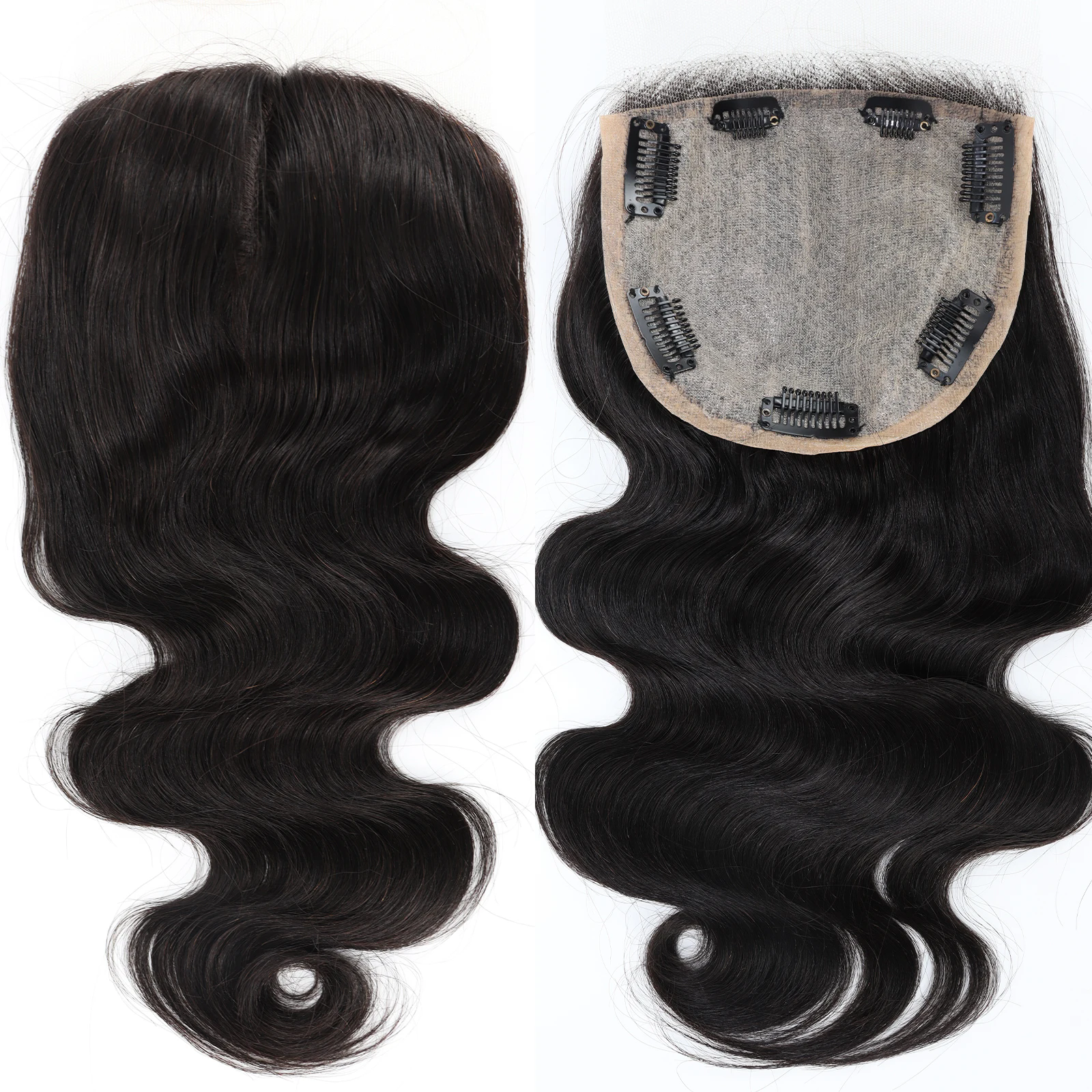 Silk Base Lace Closure with Clips in Body Wave Virgin European Human Hair Topper for Women Silk Top Real Hair Toupee 12x13cm black brown
