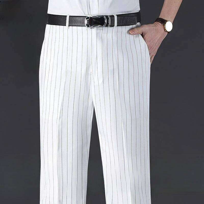 England Style New Men Casual Summer Thin Straight Anti-Wrinkle Striped Trousers Loose Business Vintage Cootrast Color Suit Pants