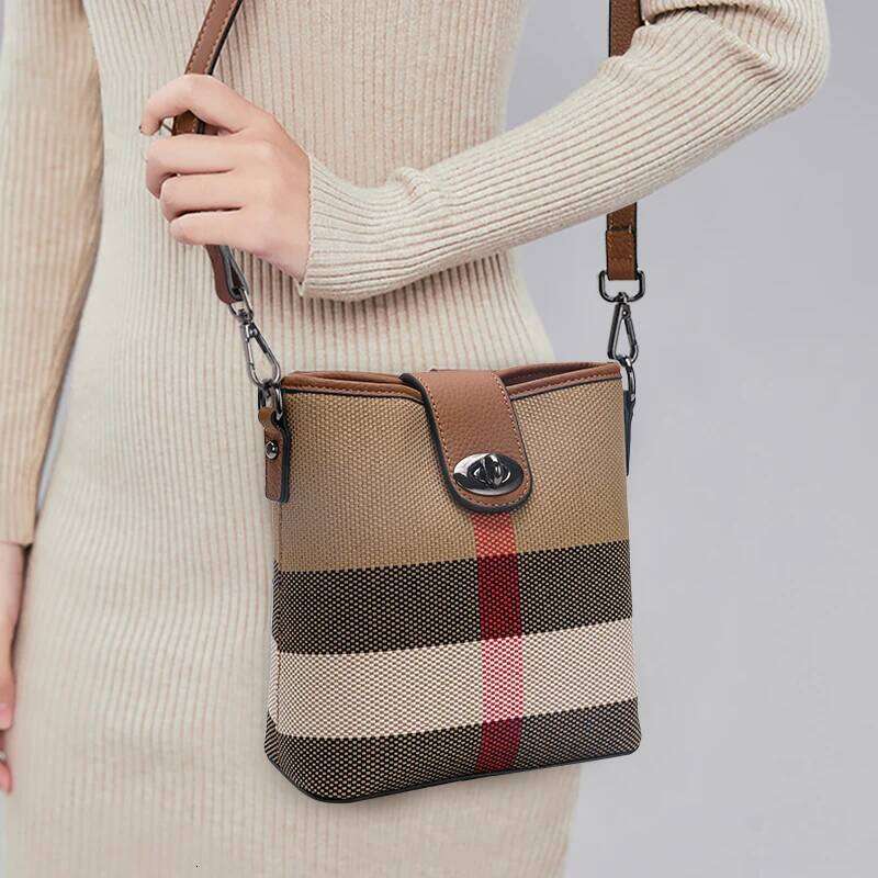 Genuine Leather Plaid Bucket New Summer Versatile Niche High-End Single Shoulder Crossbody Bag For Women