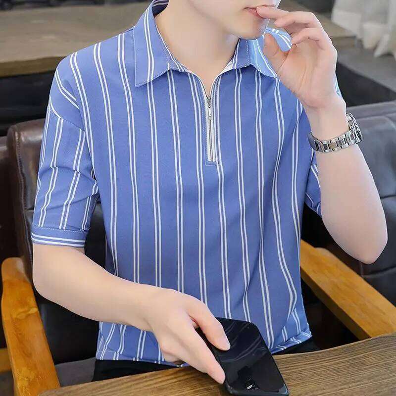 Summer New Business Color Blocked Striped Polo Shirt Men's Short Sleeved Top Flip Collar Casual T-shirt