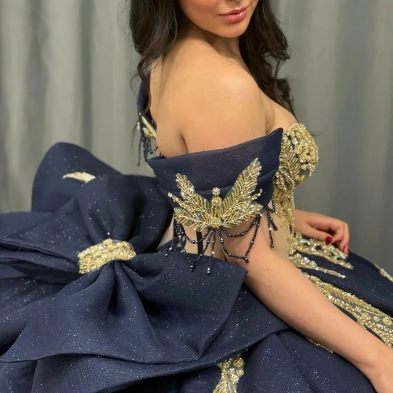 Navy Blue Shiny Quinceanera Dresses Off The Shoulder Gold Applique Lace Beading Bow Tulle Vestidos De 15 Anos Sweet 16 Dress