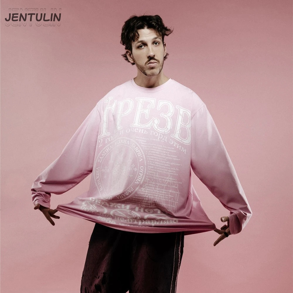 Oversized Mens Clothing Streetwear Print Autumn Hip Hop Korean Long Sleeve Y2k Top Cotton Graphic Unisex Pink Tshirt Goth 250730