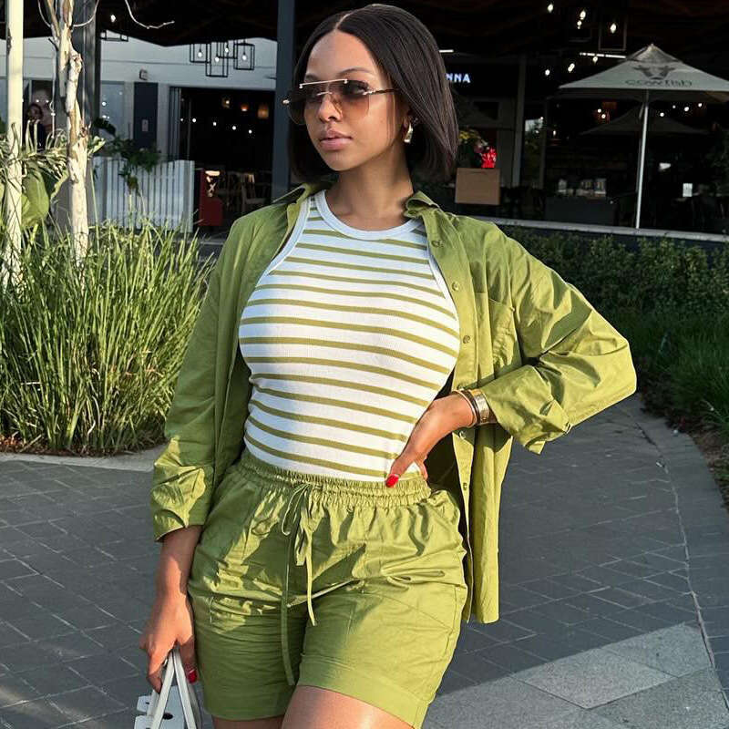 Women's Fashion Spring Summer Casual Long Sleeve Shirt And Shorts Two-Piece Set For Women B5