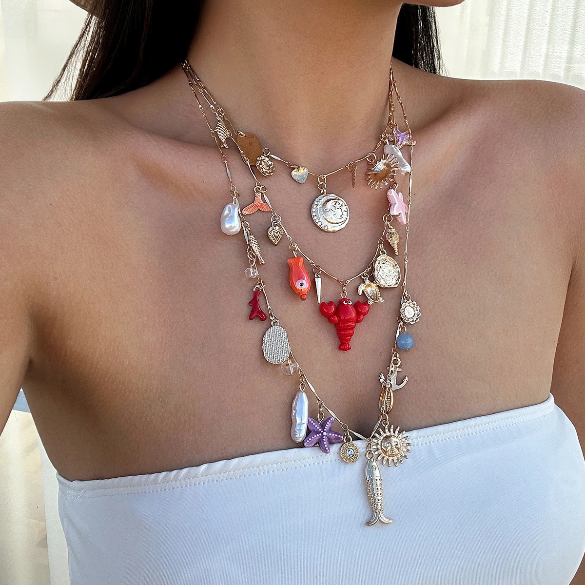 Ingemark 3PcsSet Boho Drip Oil Fish Scallop Cactus Starfish Tassel Pendant Choker Necklace Summer Chain Y2K Vacation Jewelry 250716