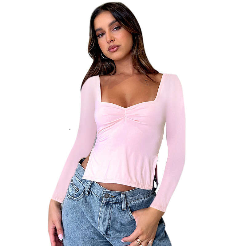 Y23tp1 Women's Autumn INS New Solid Color Square Neck Long Sleeve Gathered Side Slit Top T-Shirt For Women B5