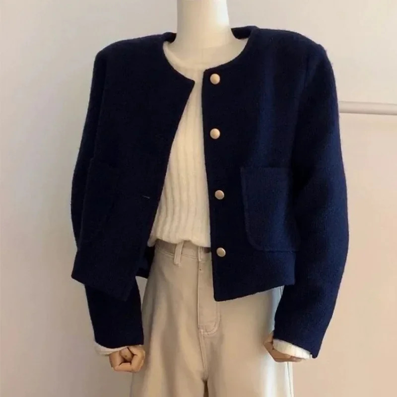 New Vintage Style Purplish Blue Tweed Jacket Round Neck French Elegance Commuting Spring Autumn Trendy Fashion Outerwear