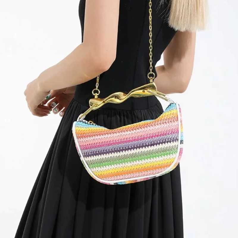 Rainbow Summer Straw Woven Crossbody Shoulder BagDesigner Beach Straw Tote BagWomen Clutch PurseCasual Metal Handle Handbag Y250729