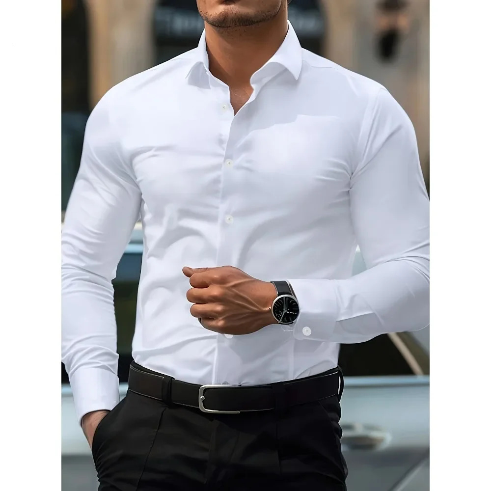 Mens Shirt Solid Color Long Sleeve Smart Casual Four Season Elastic Male Business Shirts 250729