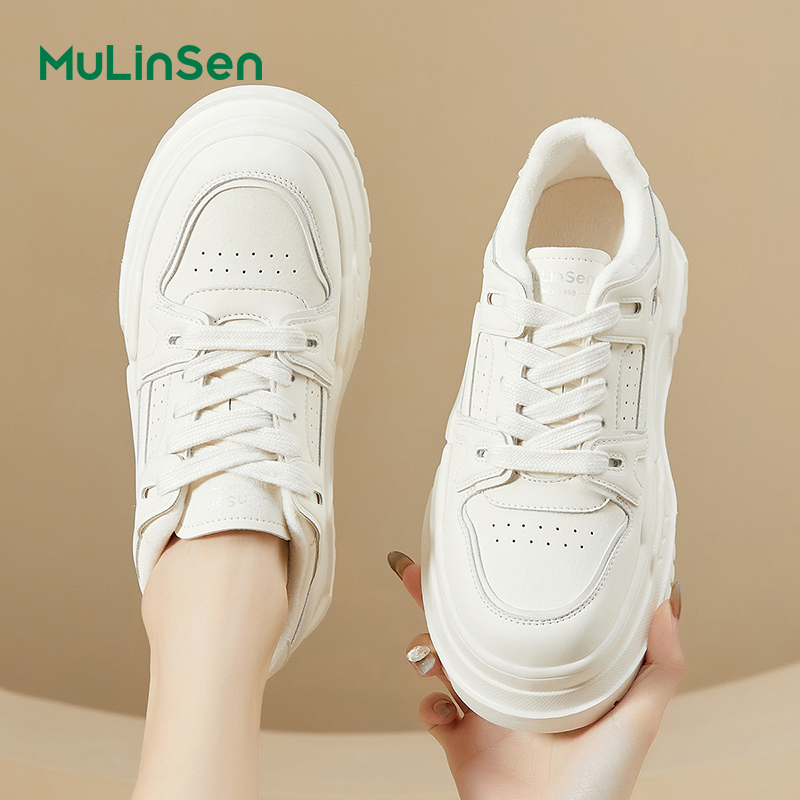 Mulinsen thick-soled white shoes for women 2025 four seasons new versatile casual sports genuine leather platform shoes small size sneakers