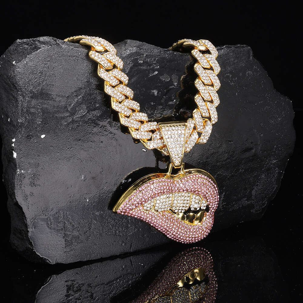 Hot Selling Full Dia Multi-color Lip-biting Pendant Hip-hop Exaggerated Personality Creative Cuban Chain Necklace