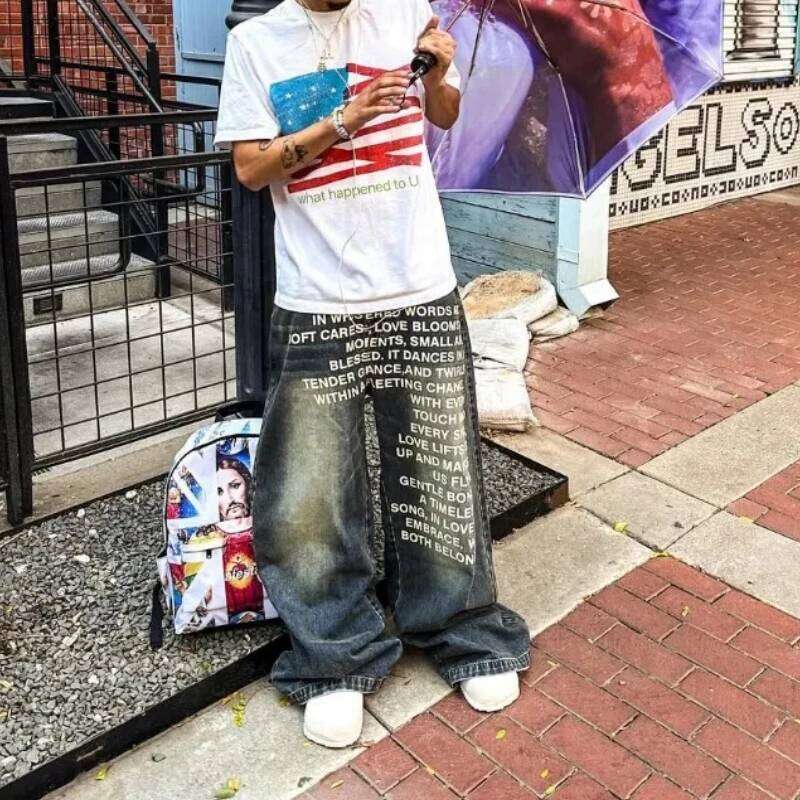 American Retro Patterned Alphabet Jeans Personalized Street Clothing Y2k Goth Men And Women Fashion Casual Pants