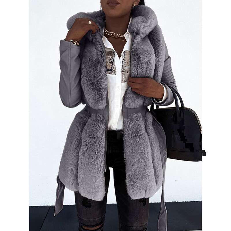 Women's Clothing Hot Selling New Fur Belt Hooded Solid Color Zipper Jacket Women