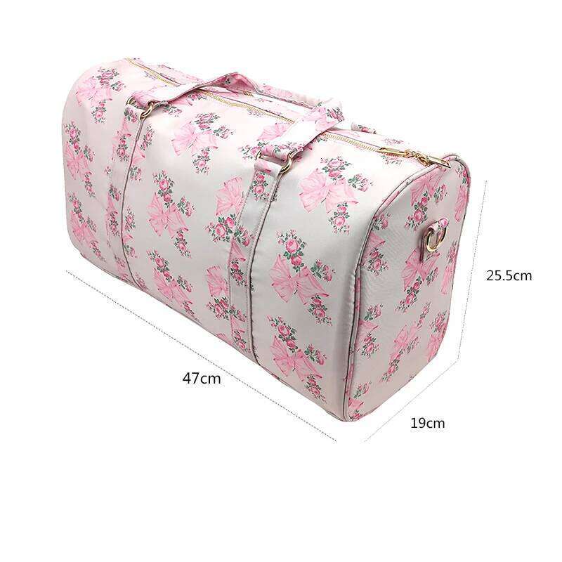 2024 Fashion Nylon Waterproof Flower Bow Printed Ladies Shoulder Bag Travel Gym Duffle Handbags