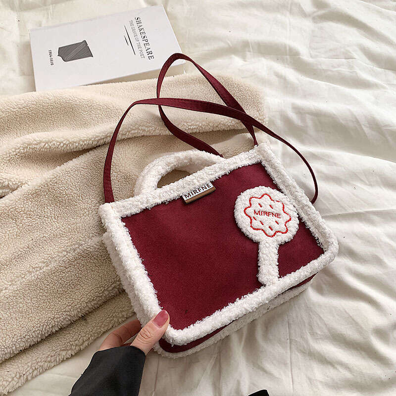 2022 Winter New Korean and Japanese Style Plush Women's Solid Color Color-Block Design Single Shoulder Crossbody Bag