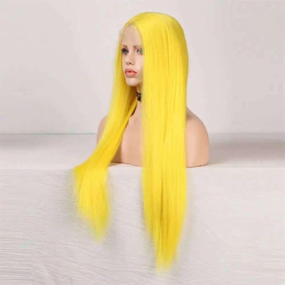 Wig Synthetic Front For Women Long Silky Straight Lace Human Hair Middle Lemon Yellow Wigs Cosplay Part
