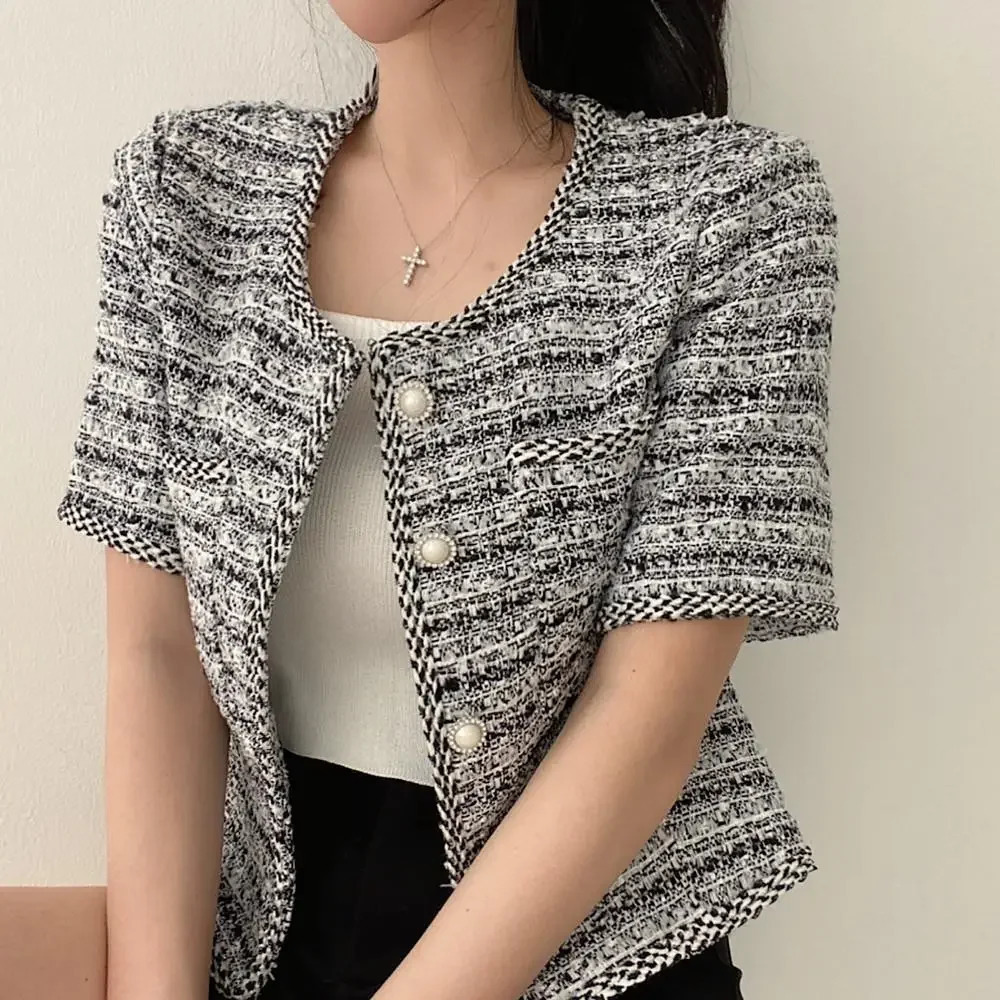 Chik Koren Style Womens Cardigan Jacket French Nichetweed Pearl Button Round Neck Coarse Tweed Short Sleeves Spring Summer 250729