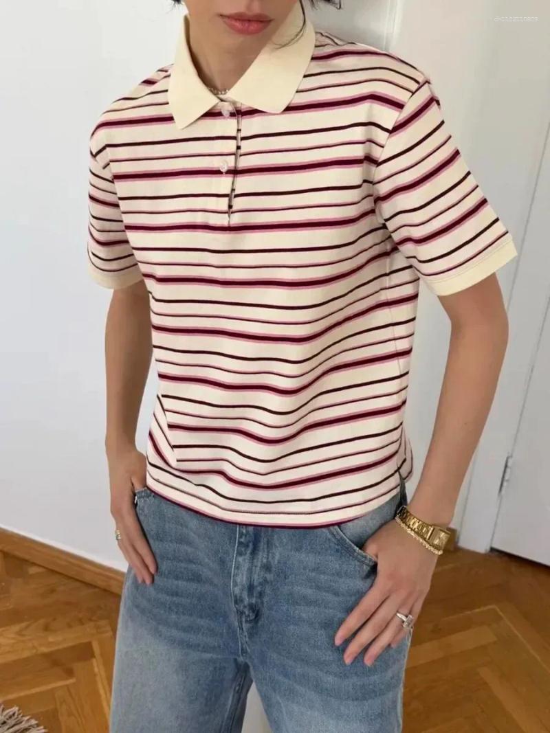 Women's Polos Sumuyoo Retro Striped Polo T-Shirt Loose Fit Short Sleeve Casual Knitted Shirt Fashionable Summer Top For Ladies
