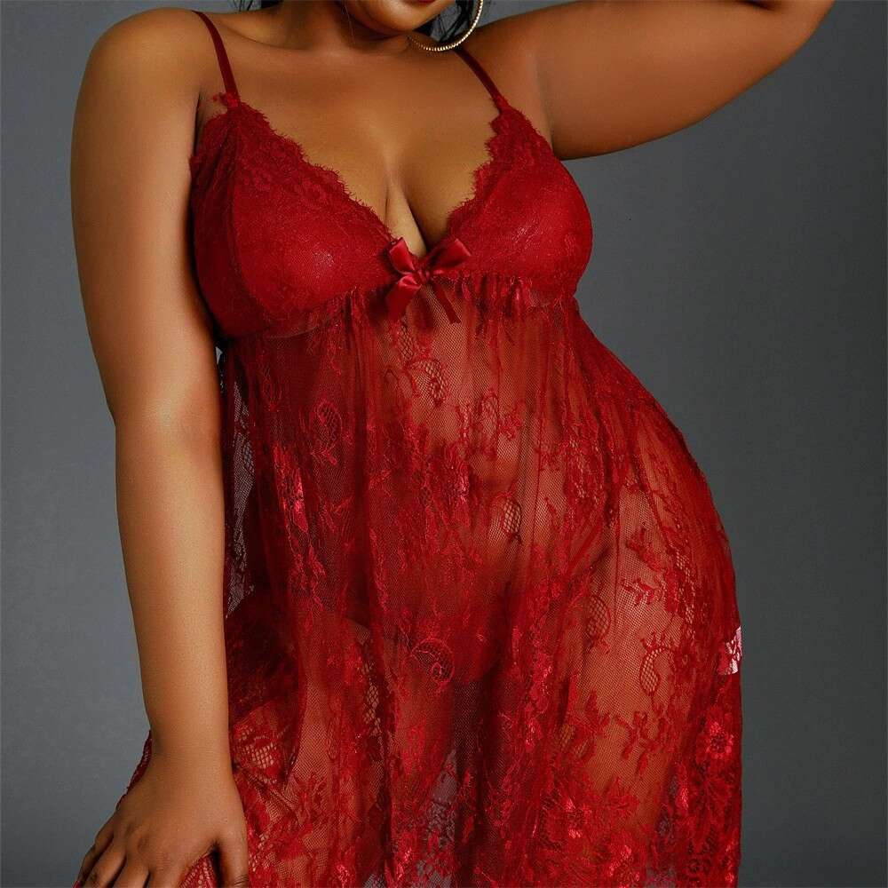 Red lace see through camisole nightgown sexy deep V size pajamas skin friendly soft private seduction home skirt